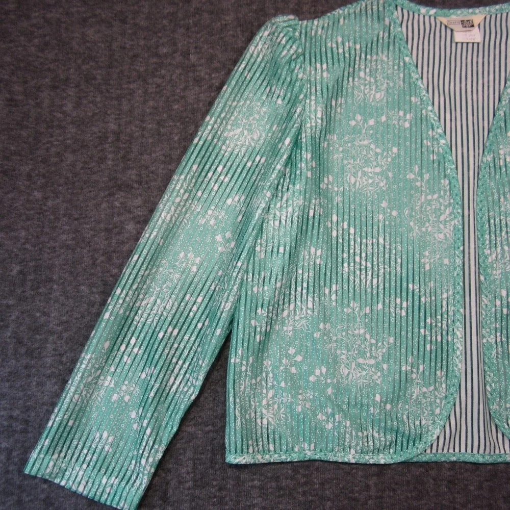 Vtg Sears Jacket‎ Womens 20 Aqua White Stripe Floral Sheer Open Front Retro Glam